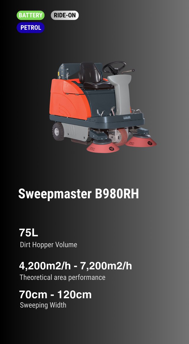 Hako Sweepmaster B980 R / RH — battery ride-on sweeper with hydraulic high-dump option